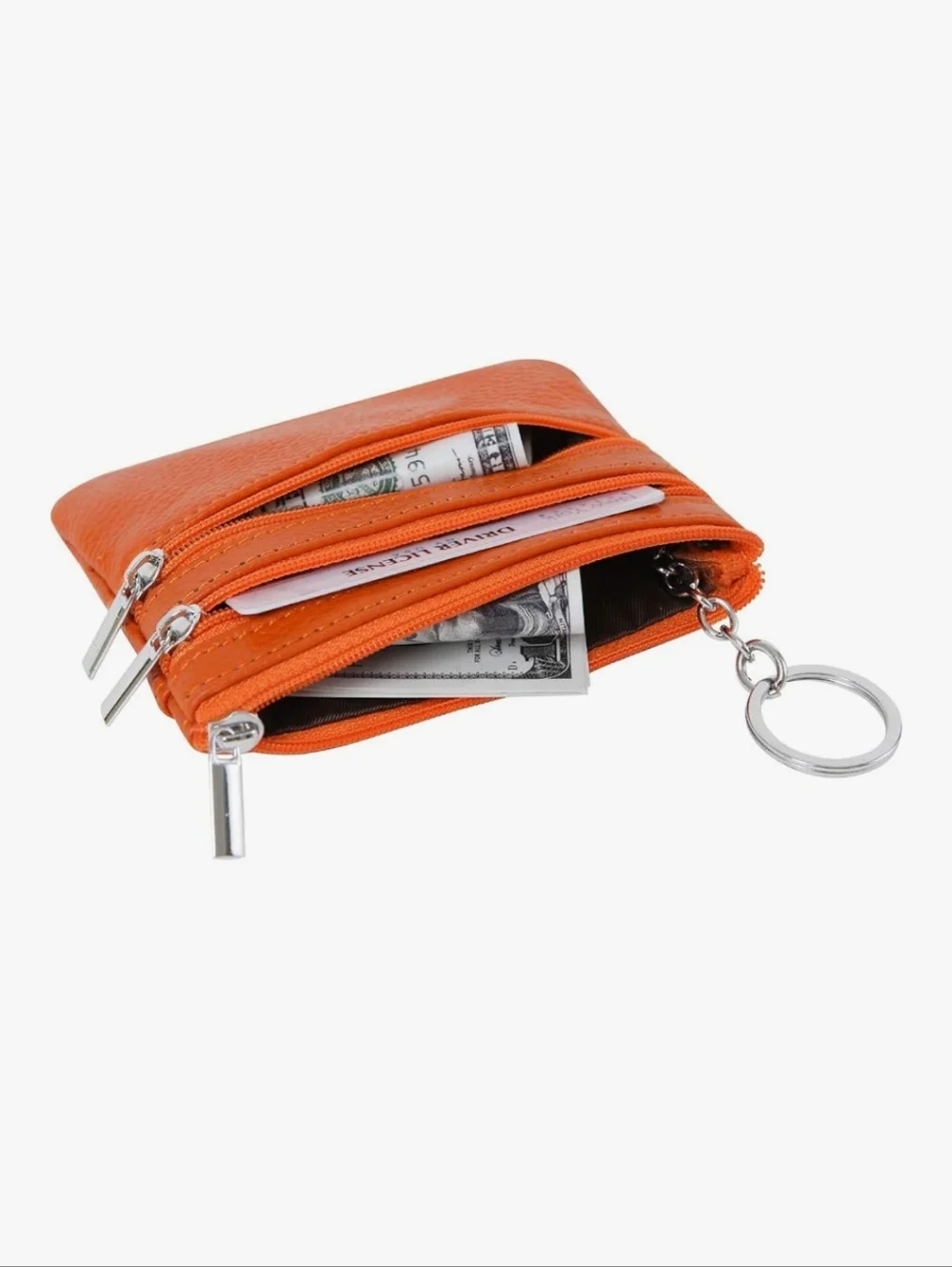 Orange Genuine Leather Mini  Zip Card Case Keyring - Picture 3 of 6